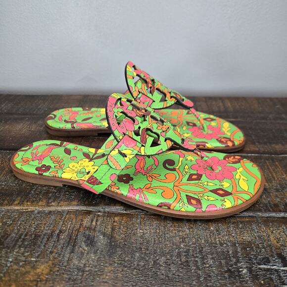 Tory Burch Miller Womens Size 6.5 Logo Sandals Flip Flops Green Splash Floral - Picture 1 of 11